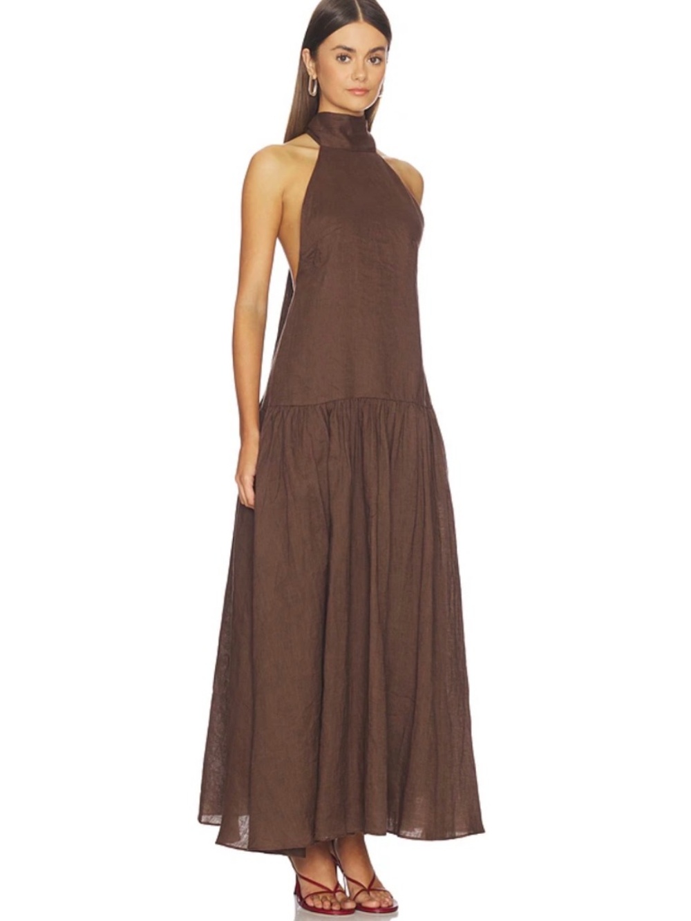 AEXAE Women’s Linen Halter Drop Waist Maxi Dress in Brown, Size S